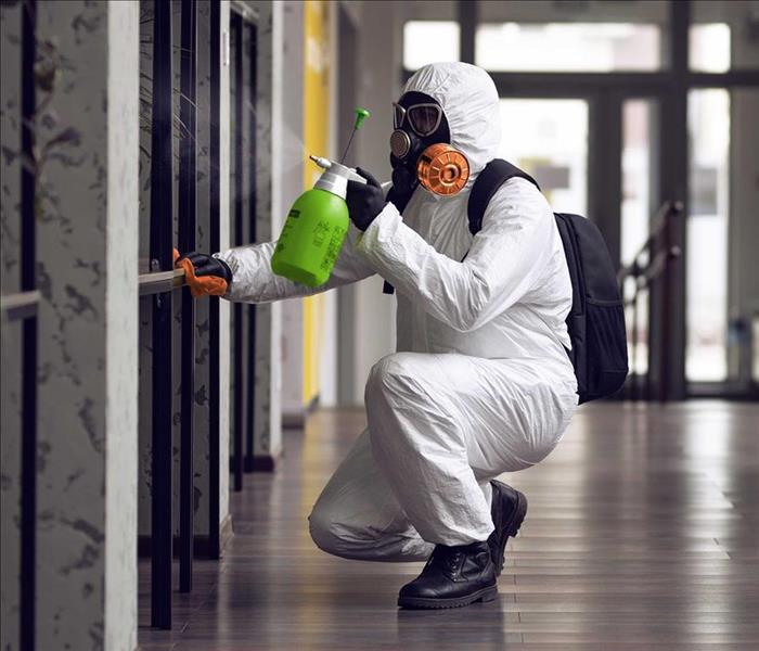 person in protective gear cleaning mold